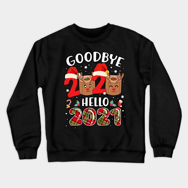 Goodbye 2020 Hello 2021 Santa's Hat Candy Cane Snowflakes Reindeer Face Mask Gift Christmas & Happy New Year 2021 Crewneck Sweatshirt by mittievance